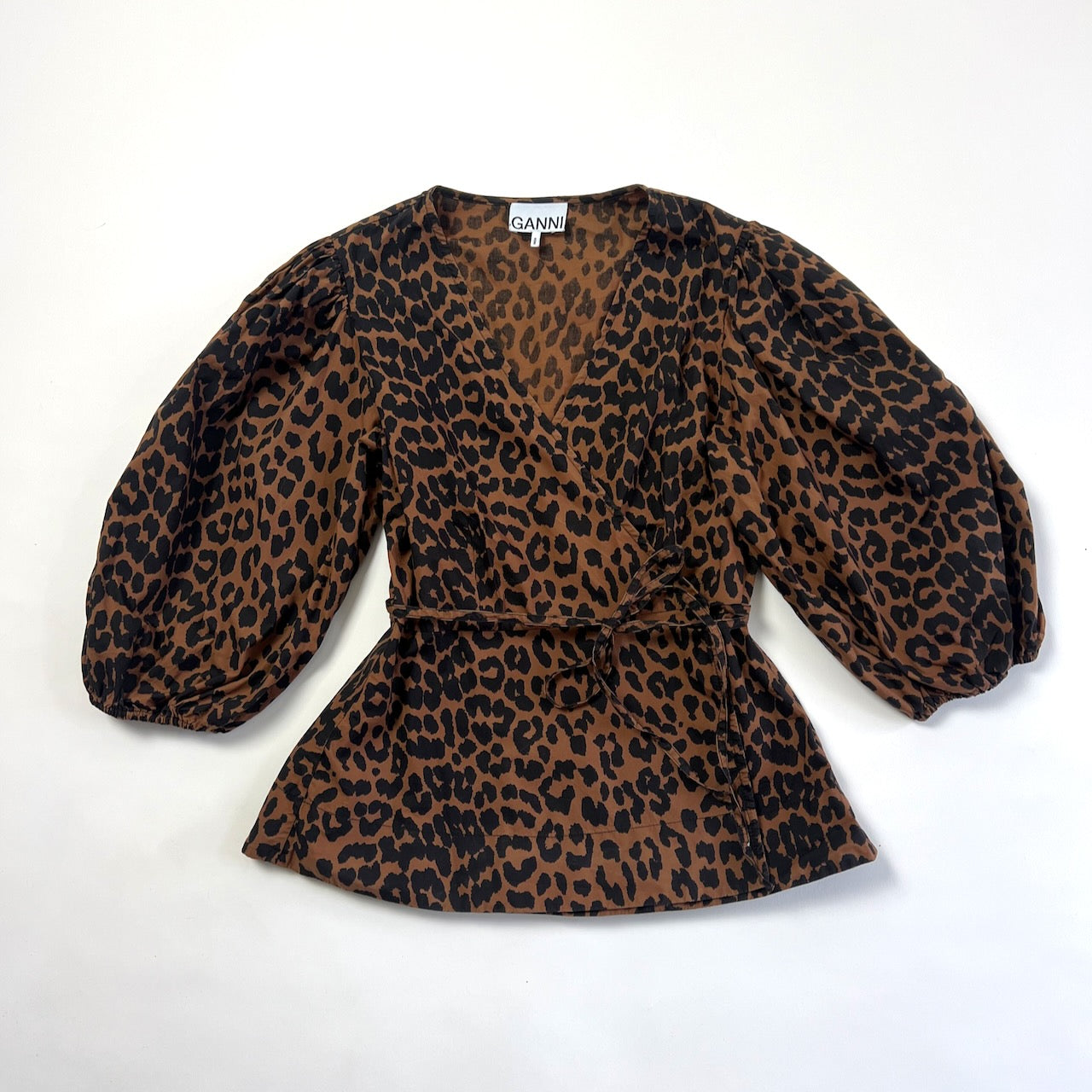 Ganni leopard print puff sleeve wrap blouse Manifesto Woman
