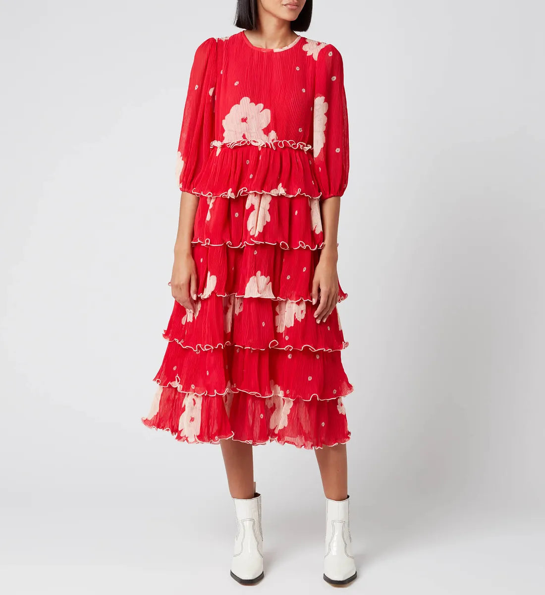 Ganni red floral plisse pleat midi dress