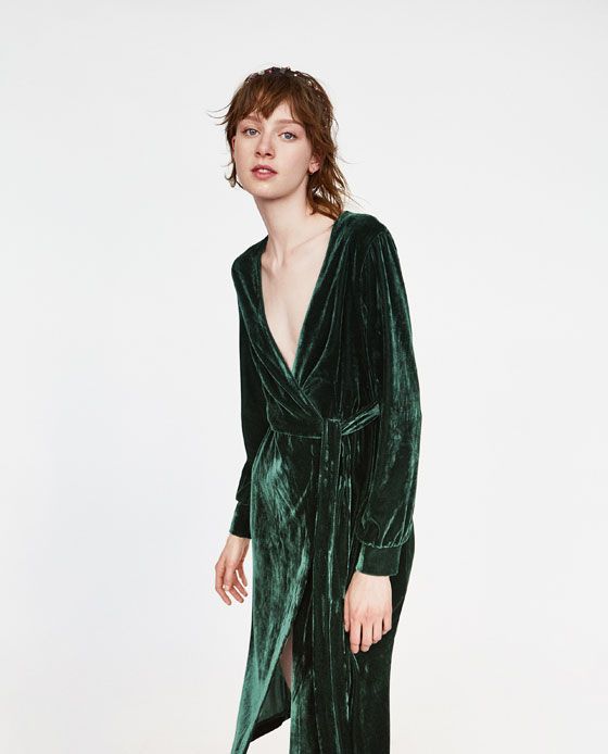 Green velvet shop wrap dress zara