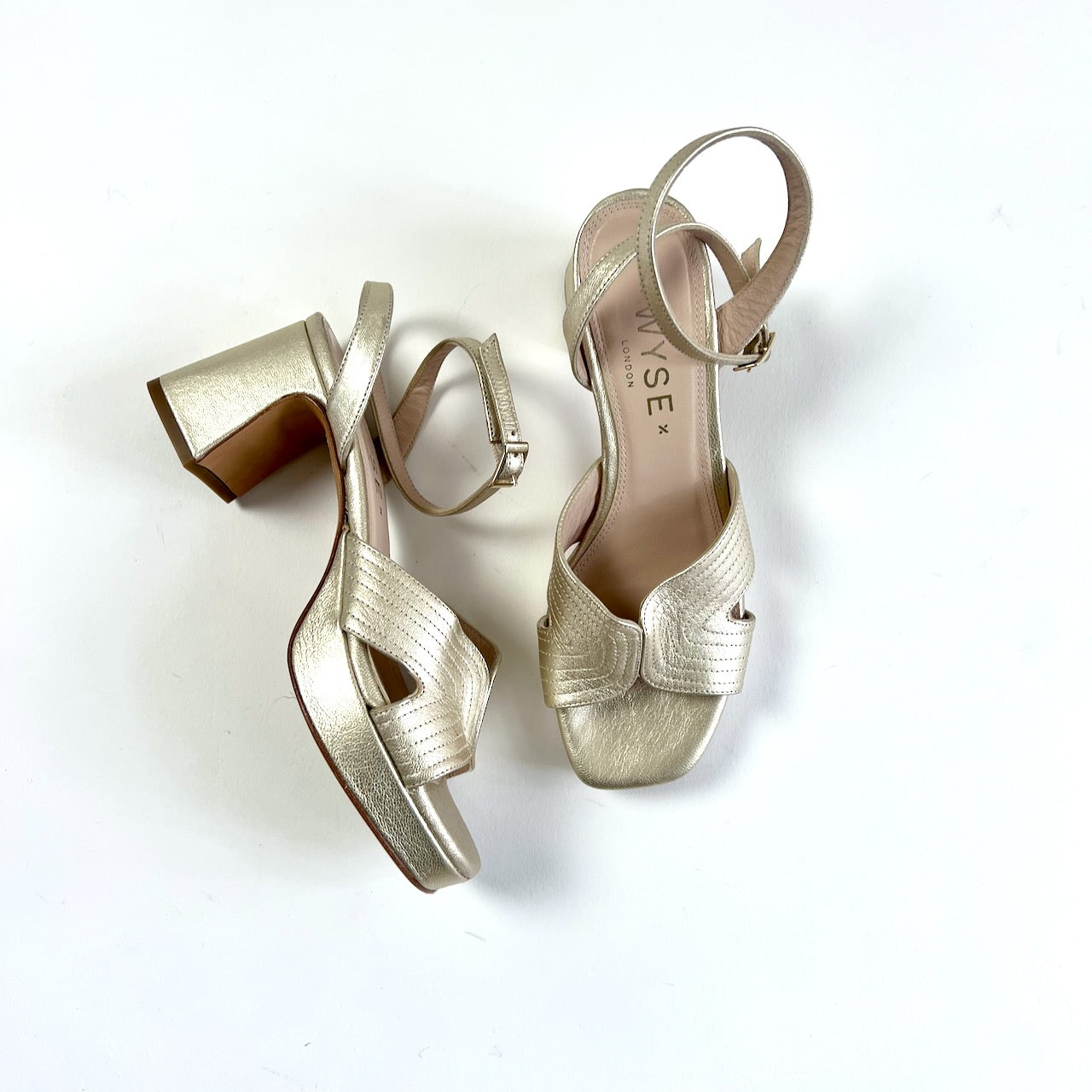 Wyse gold leather 'Bella Stitch' block heels 