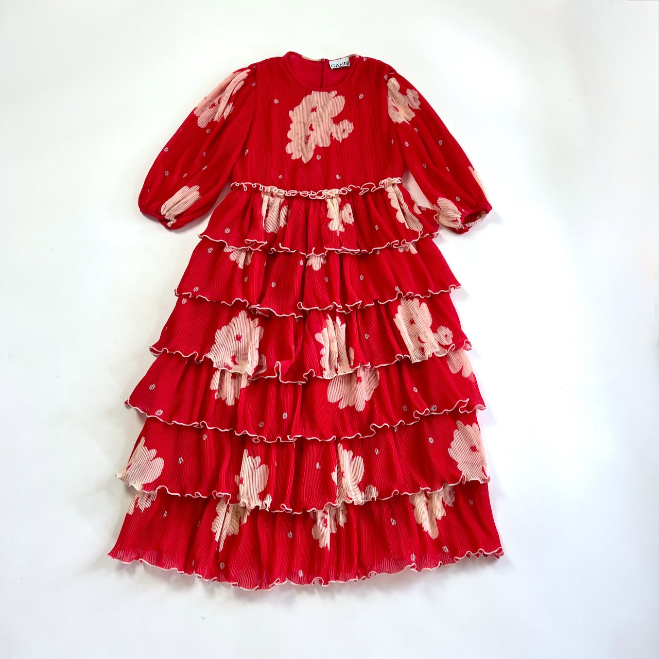 Ganni red floral plisse pleat midi dress on Manifesto Woman