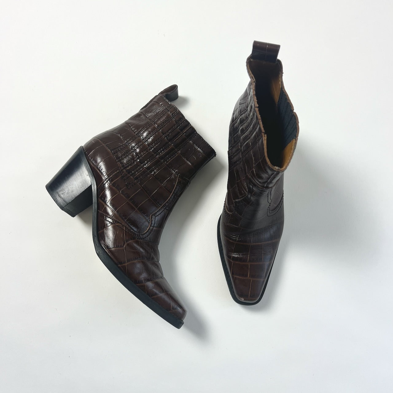 Ganni croc-embossed brown leather western ankle boots