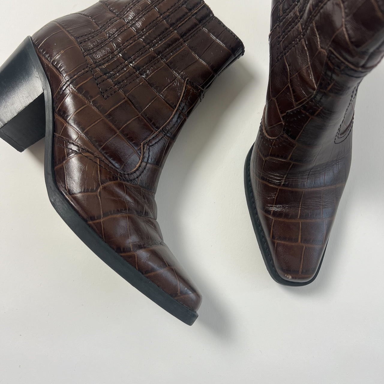 Ganni croc-embossed brown leather western ankle boots
