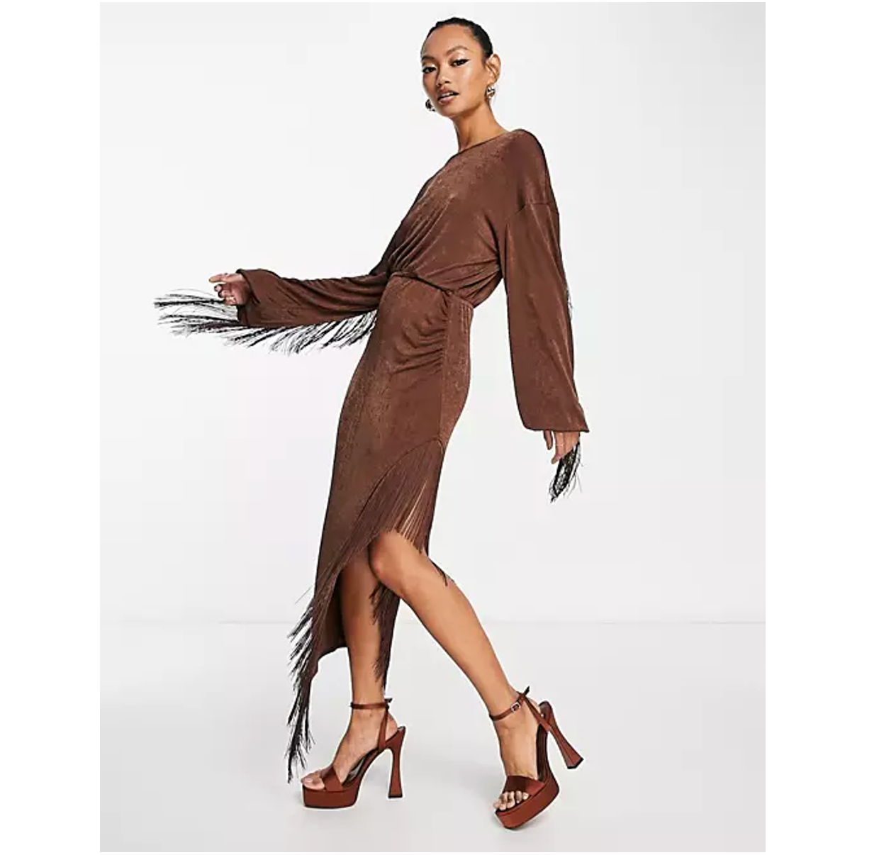 ASOS Design metallic brown fringed midi dress