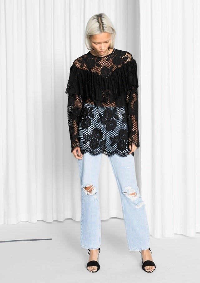 & Other Stories black flower lace mesh top UK8