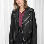 & Other Stories black grained leather oversized biker jacket