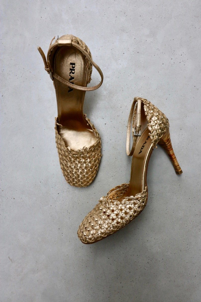 Prada gold leather lattice heels