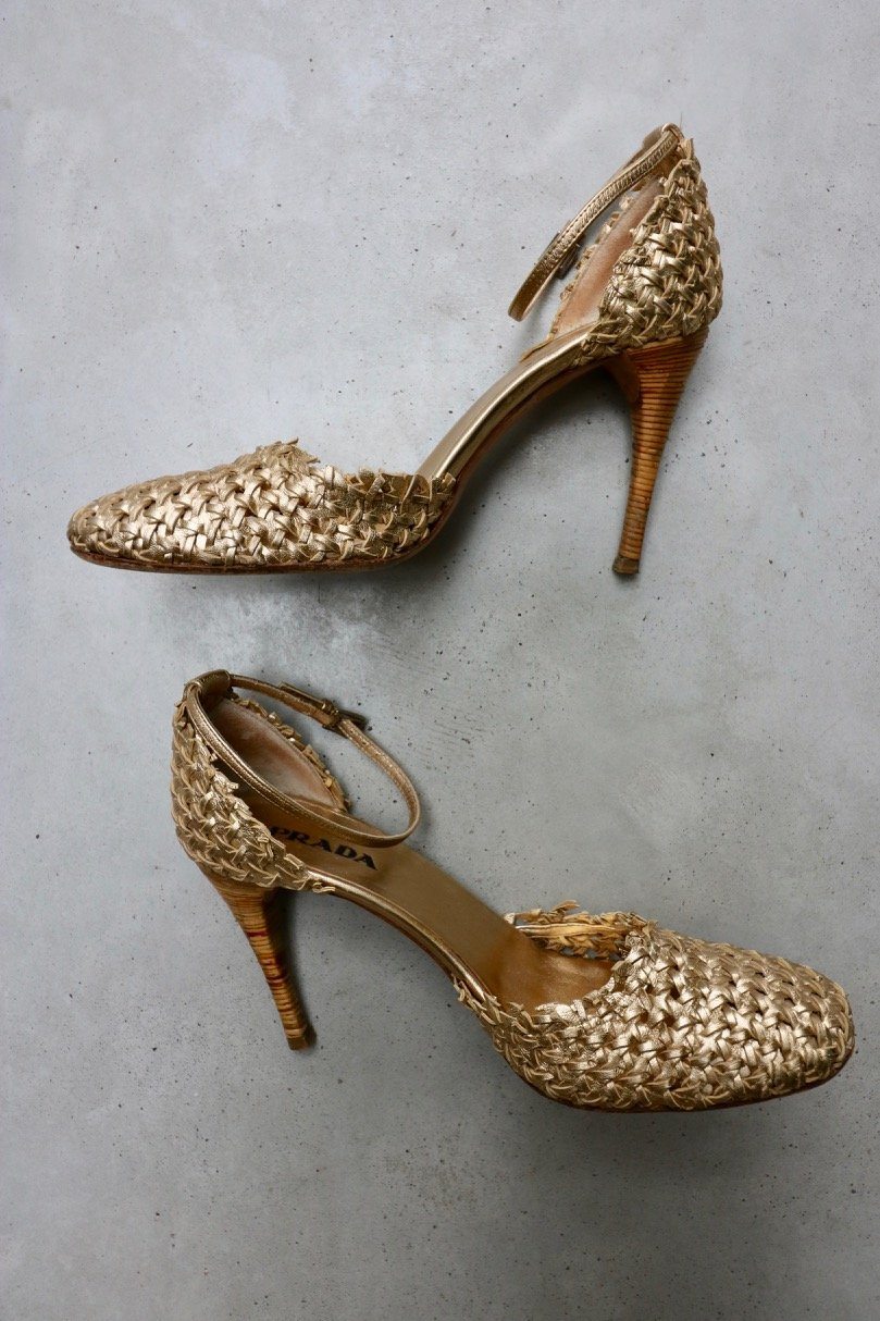 Prada gold leather lattice heels