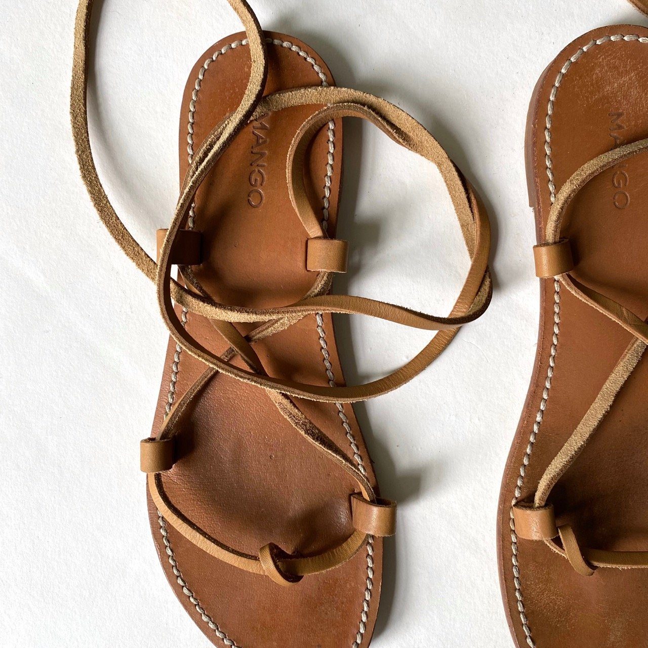 Mango tan leather ankle tie flat sandals Manifesto Woman