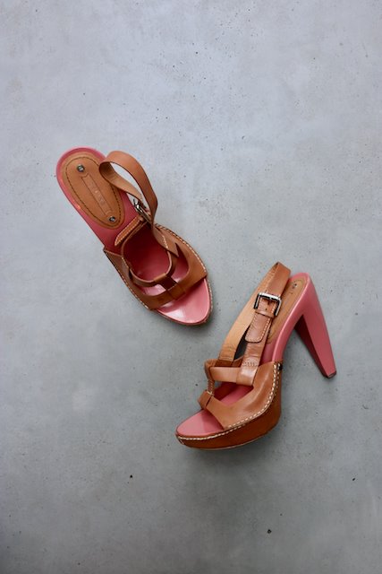 Celine tan leather pink wooden platform heels