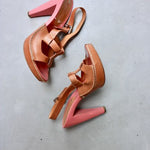 Celine tan leather pink wooden platform heels