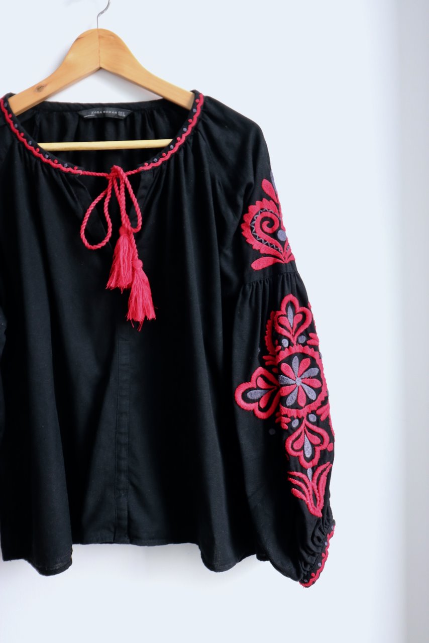 Zara black top with red embroidery