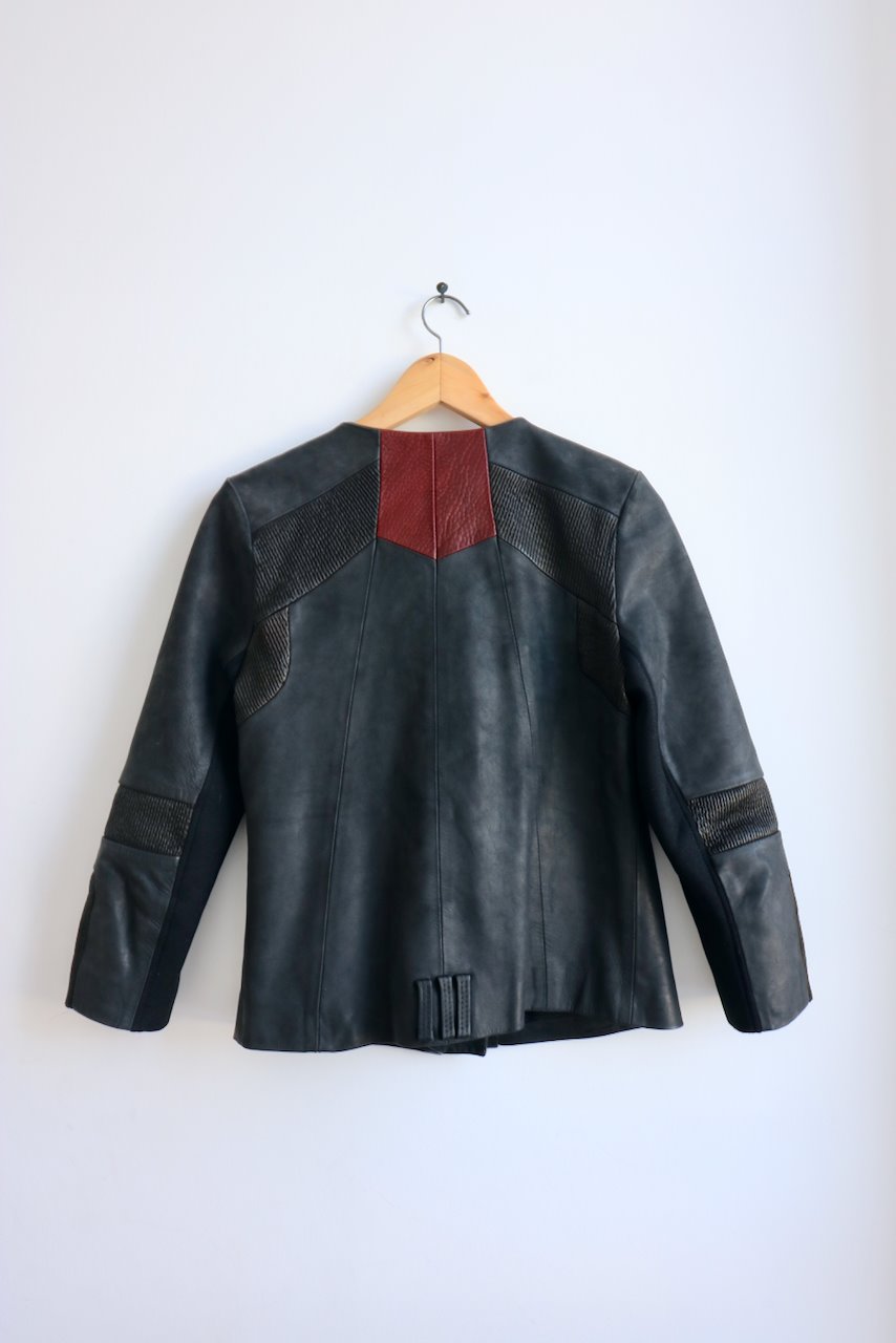 Vintage Francis Leon black leather biker jacket with maroon back panel