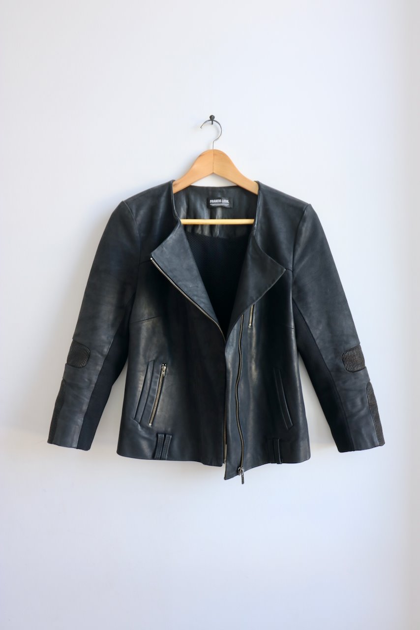 Francis Leon black leather biker jacket with neoprene panels
