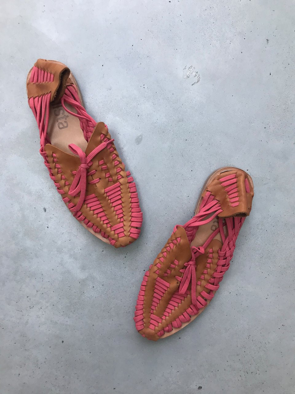 Miista pink and tan leather woven flats sandals loafers