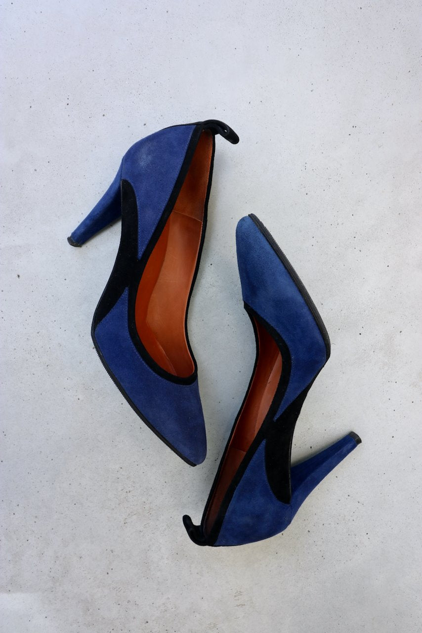 Michel Vivien blue suede heels with black inserts
