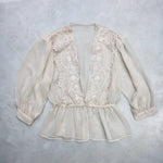 Vintage sheer embroidered cream white blouse with puff sleeves
