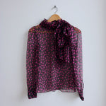 DKNY silk chiffon blouse top with heart print and bow neck tie