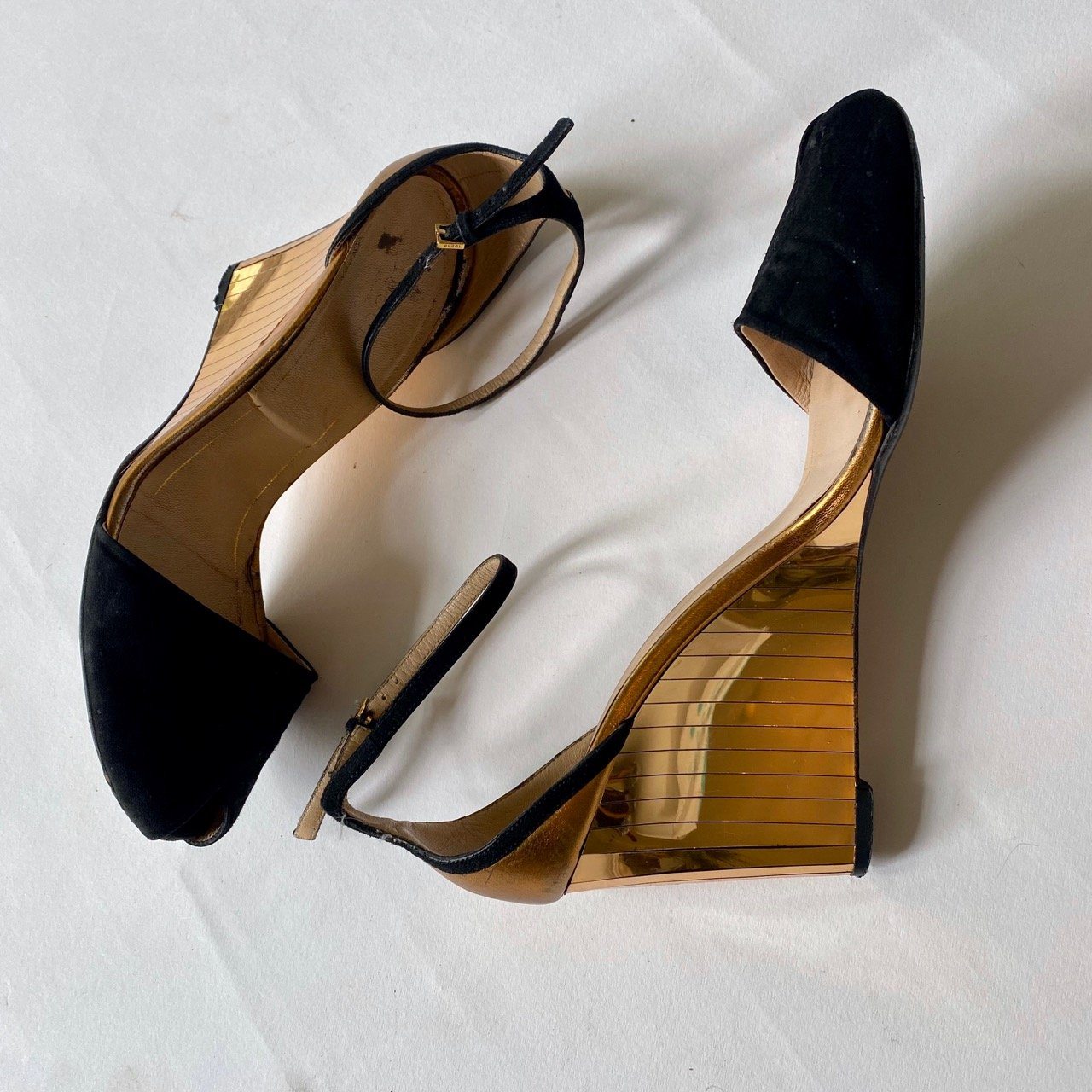 Gucci 'Delphine' black suede mid heel gold mirrored wedges – Manifesto ...