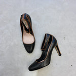 Miu Miu black leather heels with ankle strap and gold piping strip