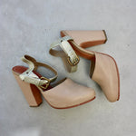 Rachel Comey platform block heel tan and gold leather heels