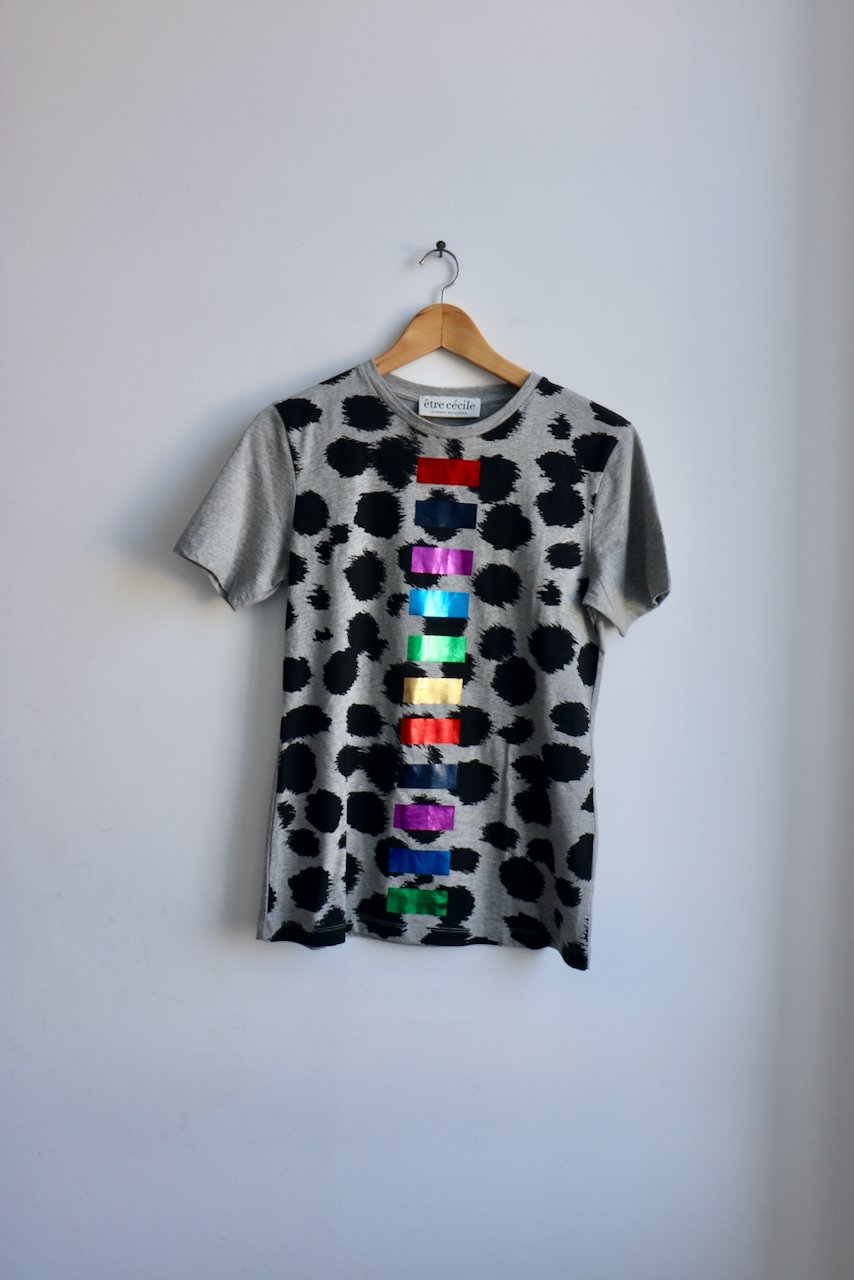 Etre Cecile grey t shirt with black paint spots and meallic colour stripes