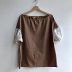 Marni boat neck drop shoulder puff sleeve brown and white blouse top at Manifesto Woman
