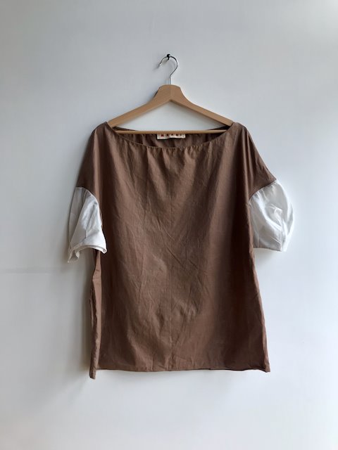 Marni boat neck drop shoulder puff sleeve brown and white blouse top at Manifesto Woman
