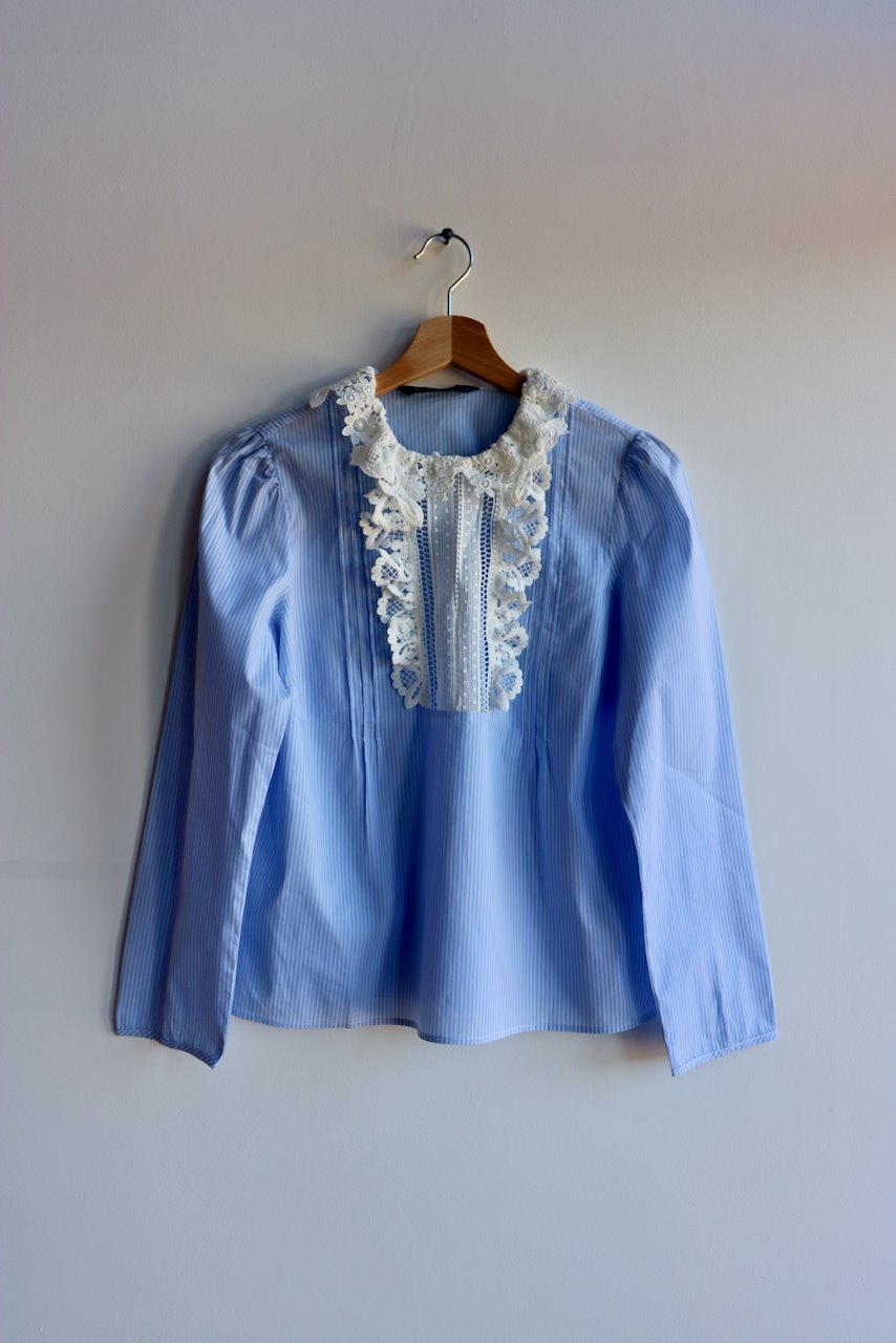 Zara blue pin stripe shirt with lace bib collar at Manifesto Woman