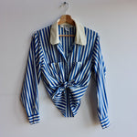 Vintage silk blue candy stripe shirt with ivory silk collar at Manifesto Woman