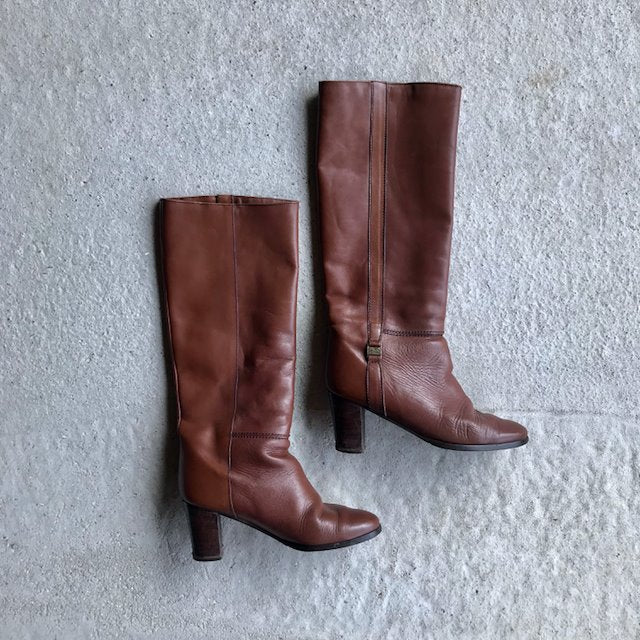 Vintage tan chestnut leather knee high boots at Manifesto Woman