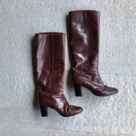 Vintage knee high slim fit leather brown heeled boots at Manifesto Woman