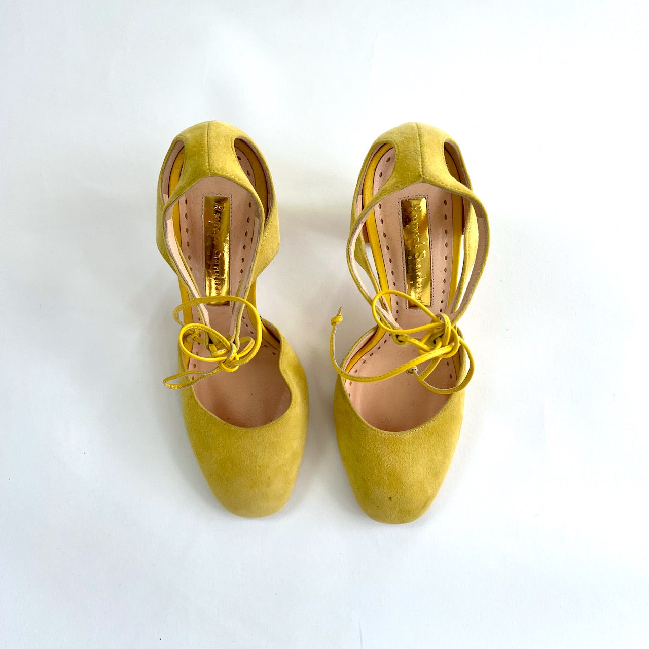 Rupert Sanderson yellow suede block heels