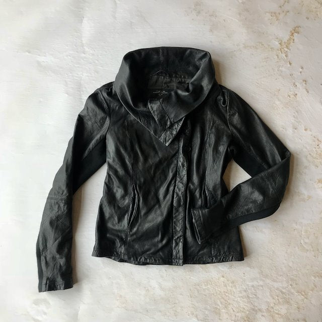 All Saints black leather biker jacket at Manifeso Woman