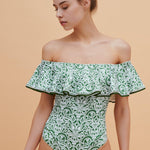 Paolita frilled green print one piece off shoulder swimsuit