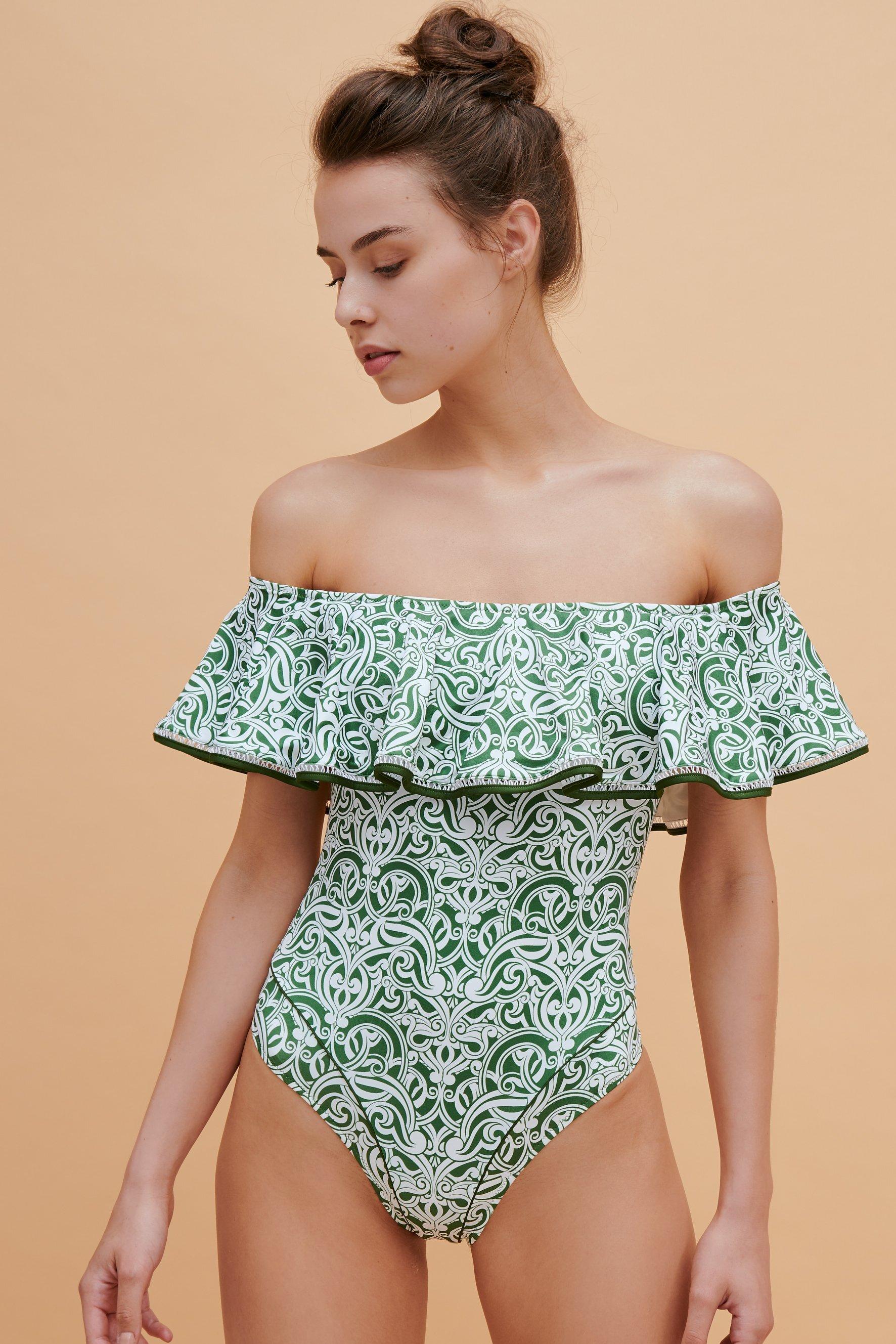 Paolita frilled green print one piece off shoulder swimsuit